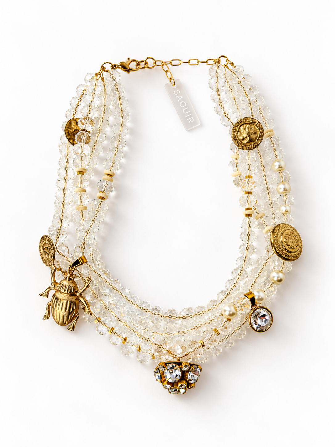Rocío, collar cristal, perlas y oro SAGUIR, sobre fondo blanco